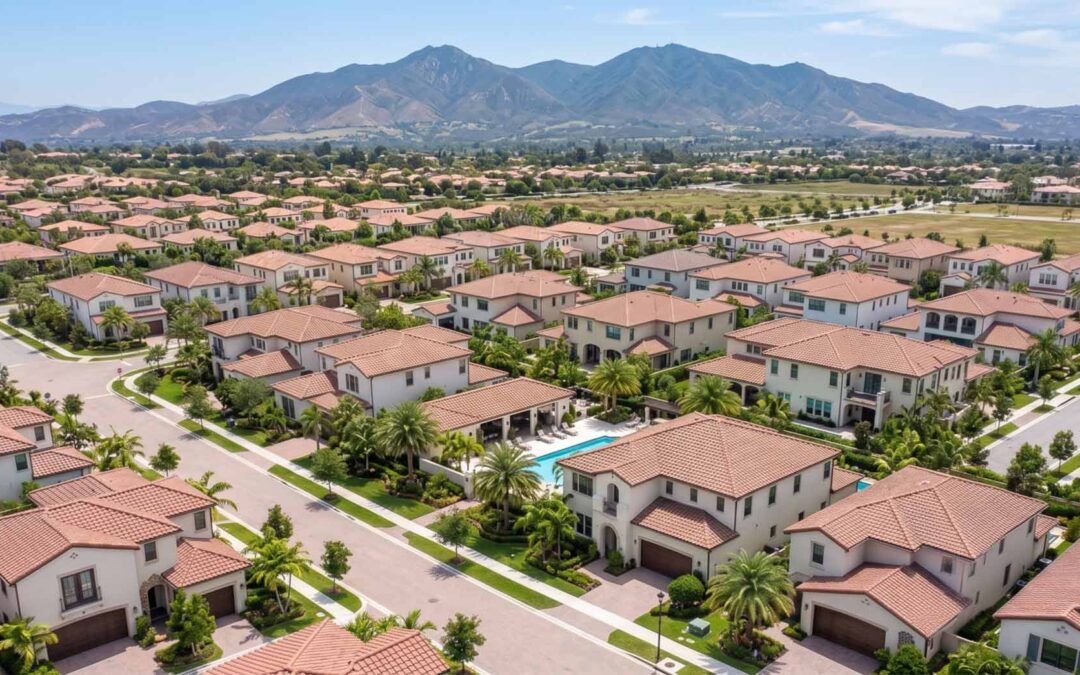 High-angle aerial view of an upscale Southern Orange County, California HOA community with terracotta roofs, palm trees, and a view of the Saddleback Mountains.
