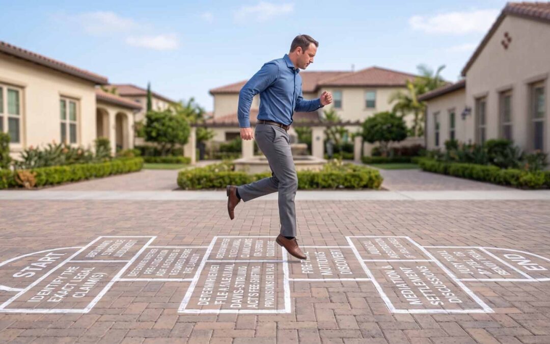 Man walking through step-by-step process for suing a California HOA shown as a hopscotch diagram in a residential community.