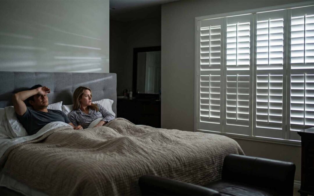 Homeowners lying awake in bed while excessive exterior lighting shines into their bedroom from a neighboring property in a California HOA community.