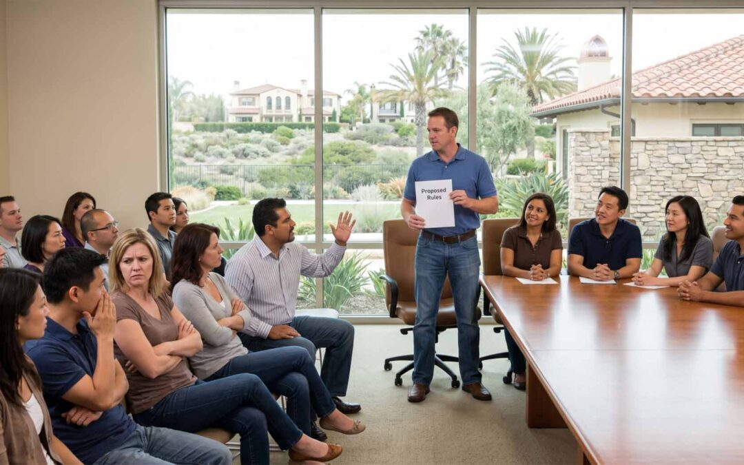 HOA board presenting proposed rules to homeowners at open board meeting in California