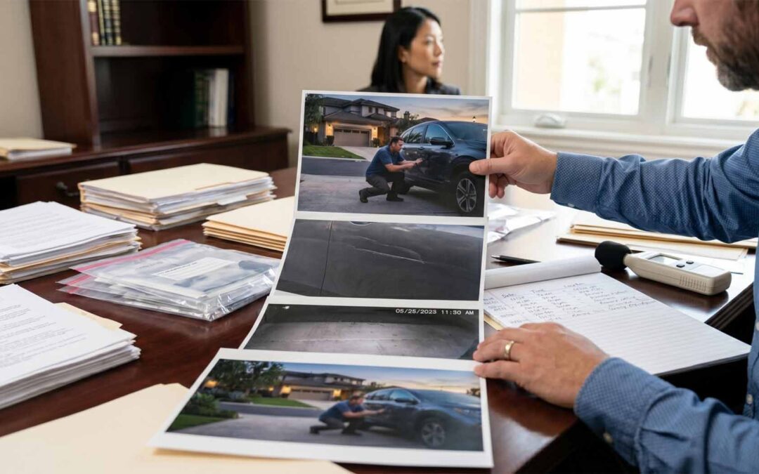 HOA attorney reviewing surveillance photographs and vandalism evidence during a California HOA nuisance dispute investigation.