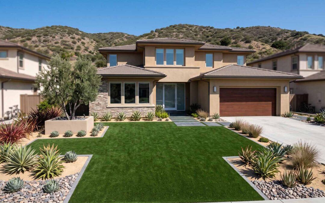 Artificial turf front lawn with agave and drought-tolerant landscaping at a California home