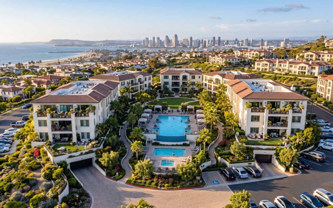 California HOA community with pool and common areas overlooking the San Diego coastline and skyline