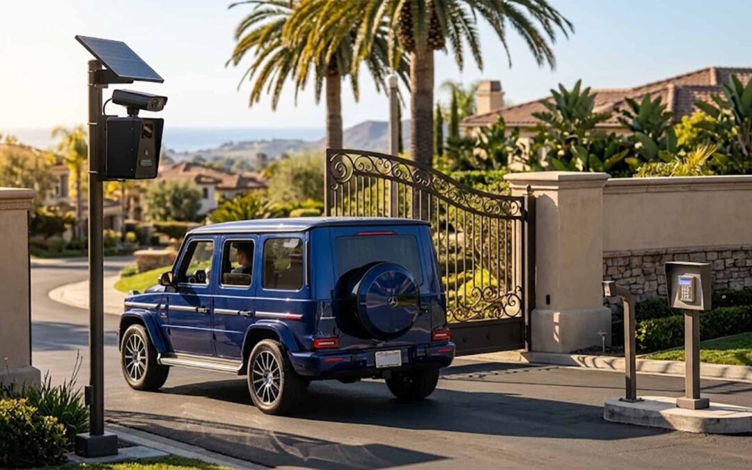 Flock-style license plate reader camera at a gated California HOA entrance recording an SUV approaching the gate